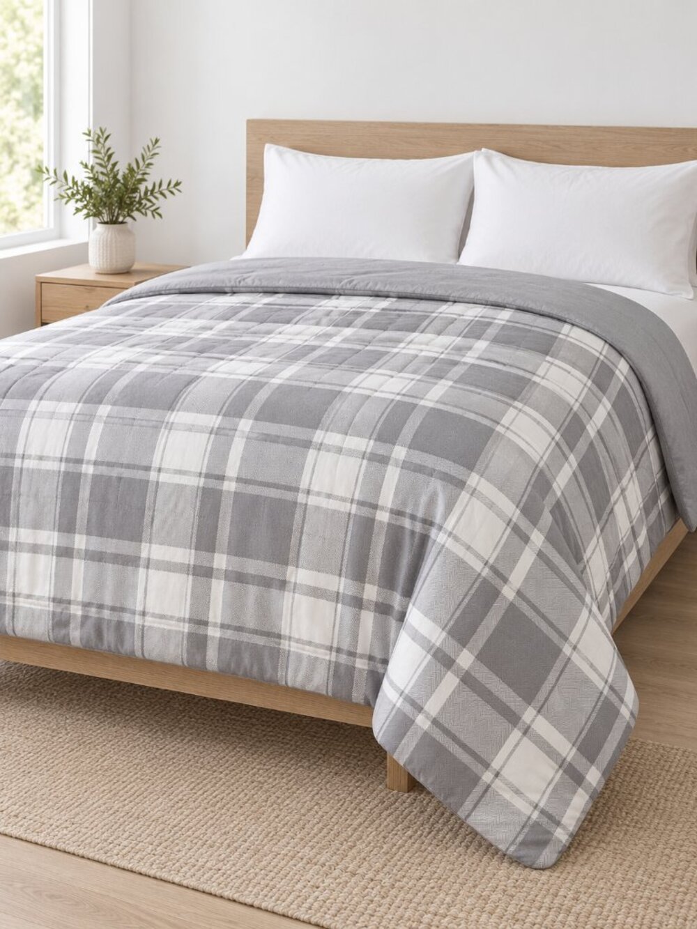 Berkshire Plaid Down Alternative Blanket in Gray and White Queen size NWT